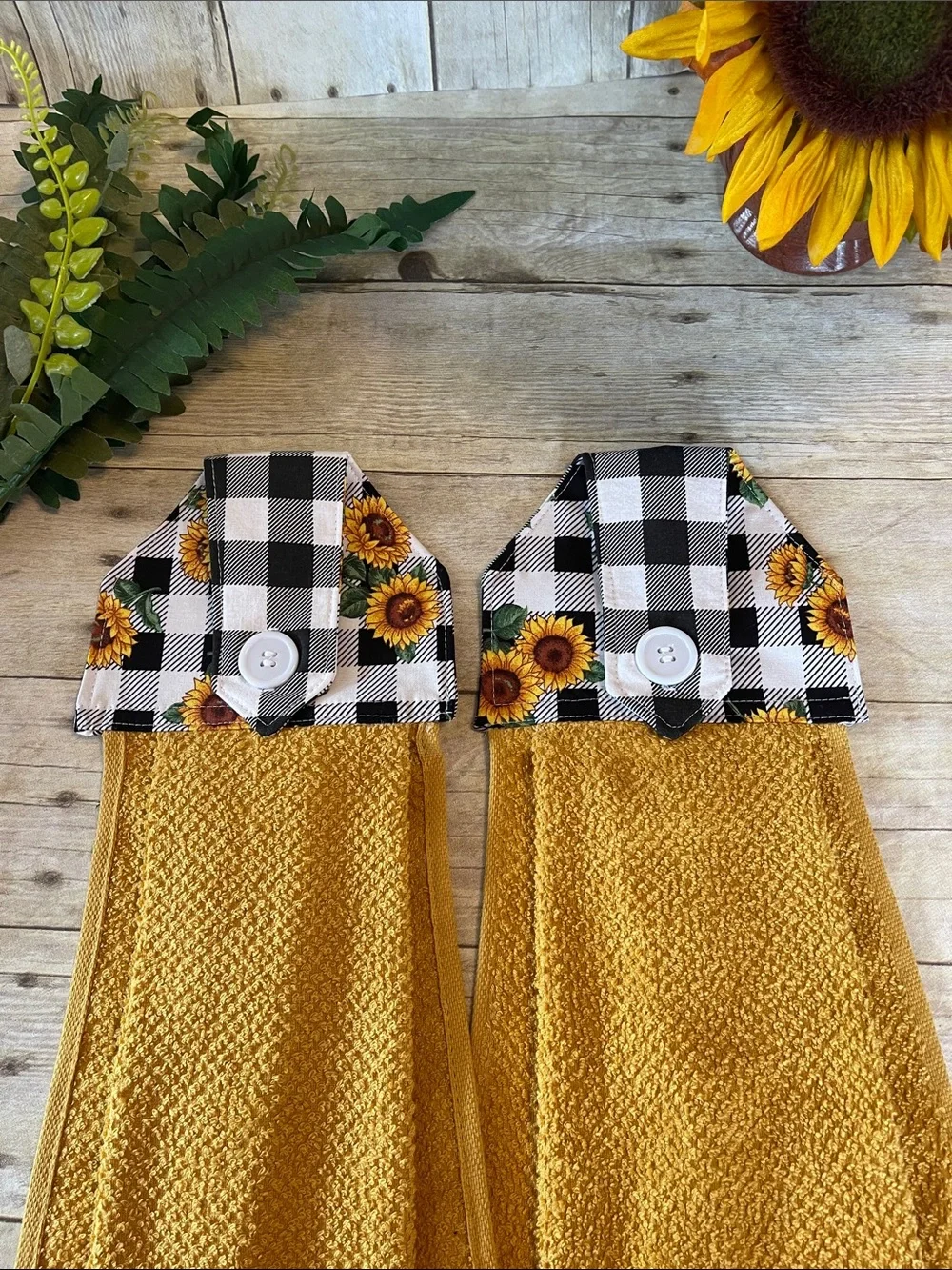 Sunflower Buffalo Check Button-Top Sewn Kitchen Hanging Towels Set of Two